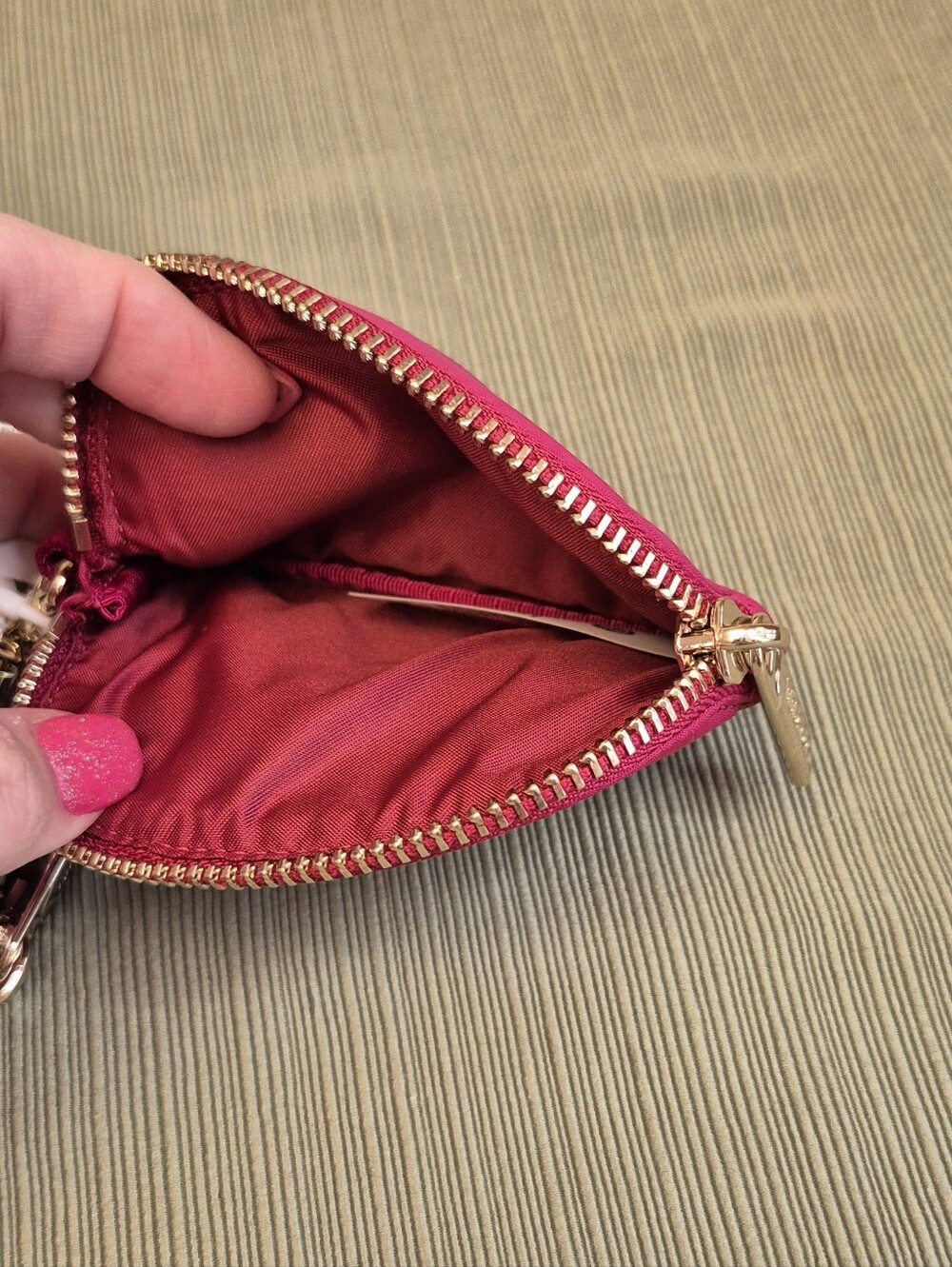 Lululemon Berry Rumble Pink Metallic Gold Wordmark Dual Pouch Wristlet Keychain - Picture 3 of 5